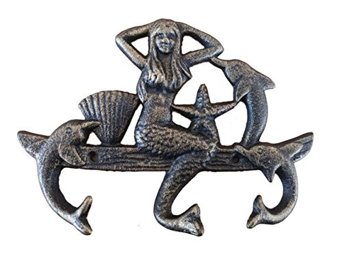 Hampton Nautical Cast Iron Mermaid with Dolphin Hooks 9 Antique Gold