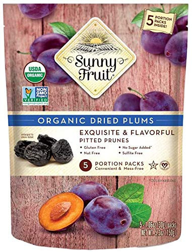 ORGANIC Prunes  Sunny Fruit  5 106oz Portion Packs per Bag  Purely Dried Plums  NO Added Sugars Sulfurs or Preservatives  NONGMO VEGAN  HALAL