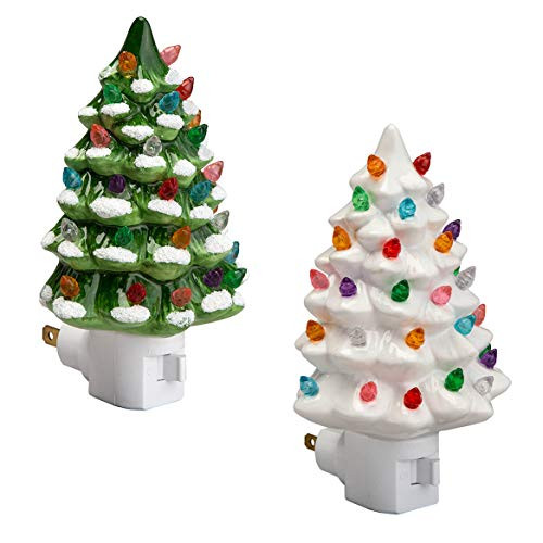 Fox Valley Traders Green and White Ceramic Tree Night Lights Set of 2