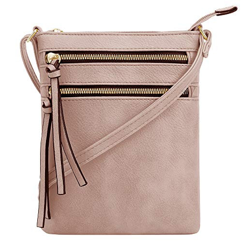 DELUXITY  Crossbody Purse Bag  Functional Multi Pocket Double Zipper Purse  Adjustable Strap  Medium Size Purse  Blush