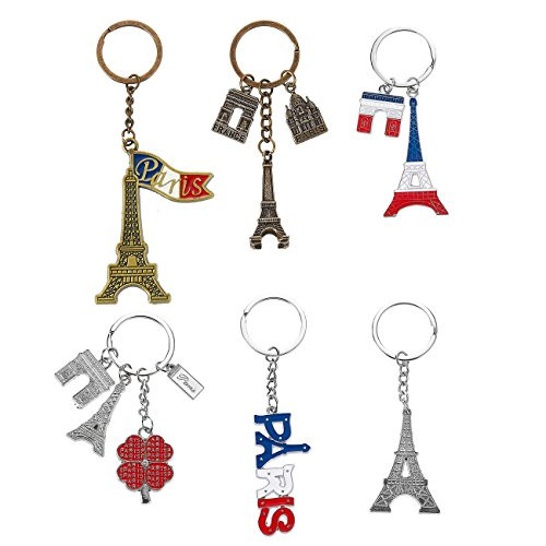 Juvale Paris Keychain  6Pack Souvenir Key Rings 6 Assorted Designs Include Eiffel Tower French Flag and Arc de Triomphe
