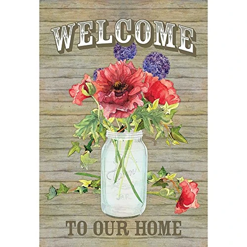 Welcome To Our Home Red Poppy Mason Jar 13 x 18 Rectangular Small Garden Flag
