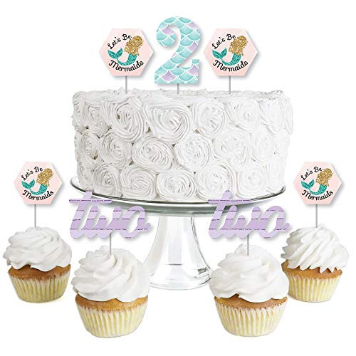 2nd Birthday Lets Be Mermaids  Dessert Cupcake Toppers  Second Birthday Party Clear Treat Picks  Set of 24