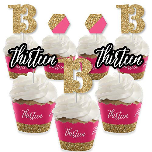 Chic 13th Birthday  Pink Black and Gold  Cupcake Decoration  Birthday Party Cupcake Wrappers and Treat Picks Kit  Set of 24