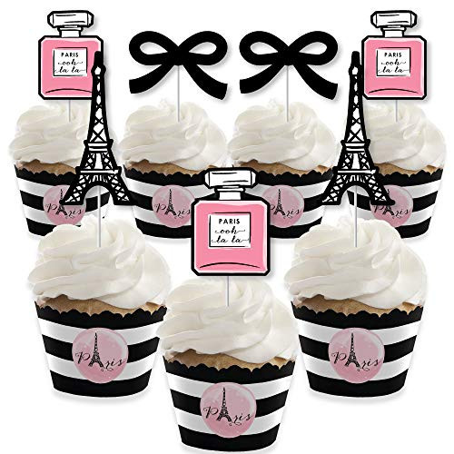 Paris Ooh La La  Cupcake Decoration  Paris Themed Baby Shower or Birthday Party Cupcake Wrappers and Treat Picks Kit  Set of 24