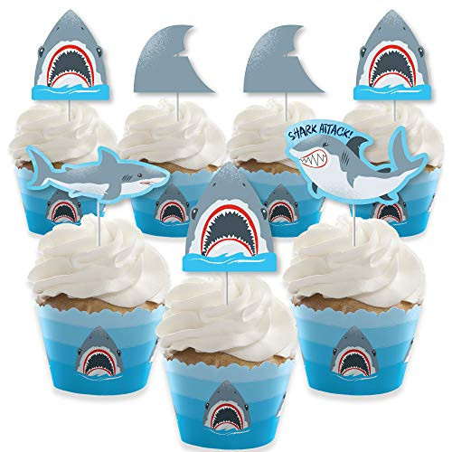 Big Dot of Happiness Shark Zone  Cupcake Decoration  Jawsome Shark Viewing Week Party or Birthday Party Cupcake Wrappers and Treat Picks Kit  Set of 24