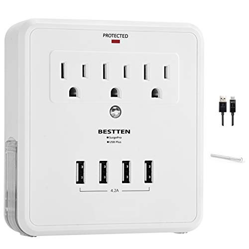 BESTTEN Multiple Outlet Wall Plug, Wall Tap Adapter Surge Protector with 4 USB Charging Ports (4.2A Total), 3 AC Socket Splitters and 2 Slide-Out Phone Holders, ETL Certified, White
