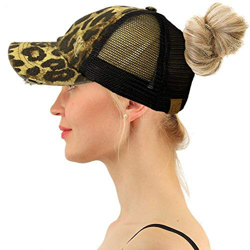 CC Ponytail Criss Cross Messy Buns Ponycaps Baseball Cap Dad Trucker Mesh Hat Distressed Leopard Black