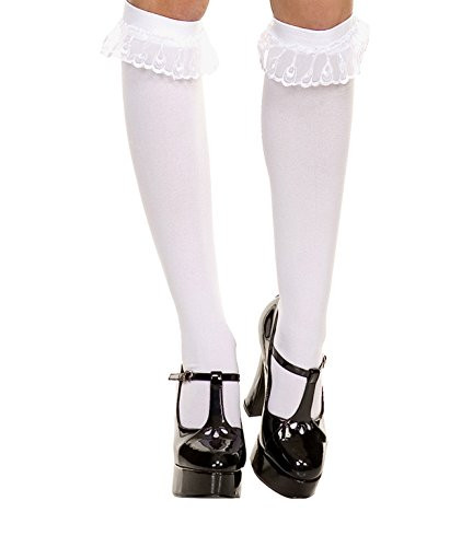 Music Legs Sky Hosiery 5752 White Opaque Knee High with Ruffle Lace Trim One size