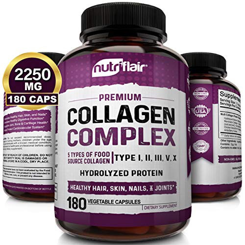 NutriFlair Multi Collagen Peptides Pills 2250MG 180 Capsules  Type I II III V X  Premium Collagen Complex  Hydrolyzed Protein Supplement for AntiAging Healthy Joints Hair Skin and Nails