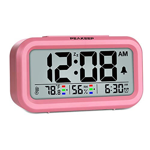 Peakeep Indoor Humidity Temperature Digital Alarm Clock for Bedrooms Smart Night Light Battery Operated Small Easy Desk Bedside Gifts Clock Pink