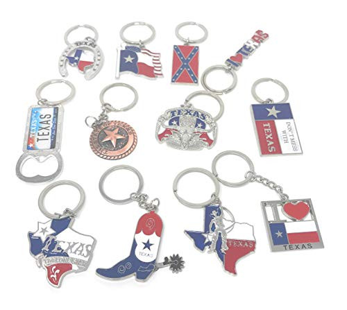 Texas Bundle Souvenir Metal Keychain 12 Pack-Texas Cowboy,Texas Lone Star on Texas State Map, Don't Mess with Texas, I Love Texas, Longhorn, Texas Seal, Texas Bottle Opener, Texas Cowboy Boot & More