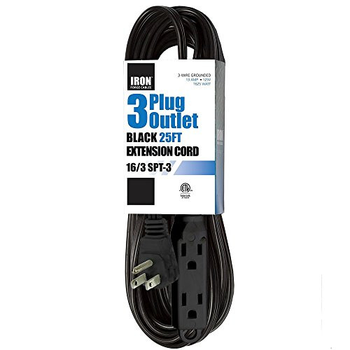 25 Ft Extension Cord with 3 Electrical Power Outlet - 16/3 Durable Black Cable