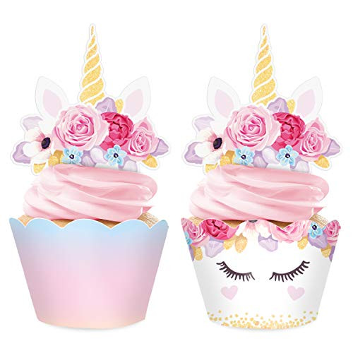 xo Fetti Unicorn Cupcake Toppers  Wrappers  set of 24  Rainbow Birthday Party Supplies  Magical Flower Decorations