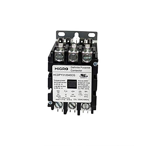 Migro 40 Amp 3 Pole Normally Open NEMA 600V HVAC Definite Purpose Contactor  110120VAC Coil Inductive 40A Resistive 50A
