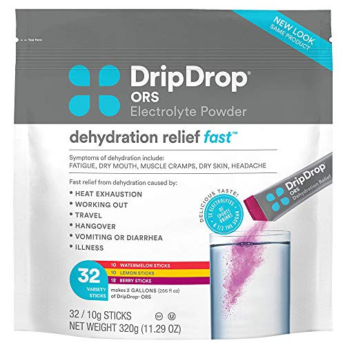 DripDrop ORS Electrolyte Hydration Powder Sticks Variety Pack 12 Lemon10 Berry10 Watermelon 10g Sticks 32 Count
