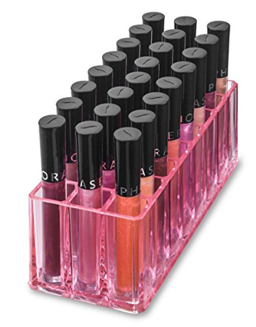 byAlegory Acrylic Lip Gloss Organizer Beauty Makeup Holder 24 Space Organization Container Storage For Tall Lip GlossLipstick Products  Pink Clear