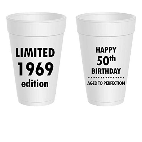 Mandeville Party Company, 10 count styrofoam cups, Happy 50th Birthday - Limited 1969 Edition, Aged to Perfection