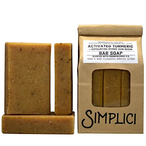 SIMPLICI Activated Turmeric  Exfoliating Myrrh Bar Soap Scented with Frankincense Pure Essential Oil 3 Bar Bag Large 5 Ounce Bars PALM OIL FREE Eco Friendly Packaging