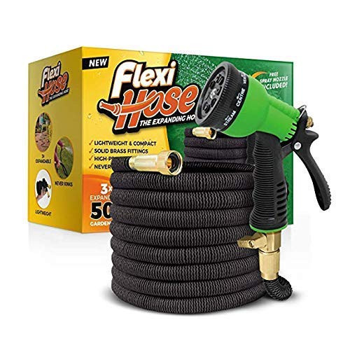 Flexi Hose  8 Function Nozzle 50 FT Lightweight Expandable Garden Hose  NoKink Flexibility  Extra Strength with 34 Inch Solid Brass Fittings  Double Latex Core  Rot Crack Leak Resistant