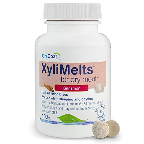 OraCoat XyliMelts Dry Mouth Relief Moisturizing Oral Adhering Discs Cinnamon with Xylitol for Dry Mouth Stimulates Saliva NonAcidic Day and Night Use Time Release for up to 8 Hours 100 Count