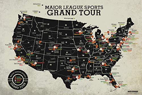Grand Tour Stadium Map Major League Football Baseball Basketball Hockey 24W x 16H inches