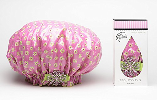 Dry Divas Designer Shower Cap For Women  Washable Reusable  Large Bouffant Cap With Vintage Jeweled Brooch He Loves Me He Loves Me Not