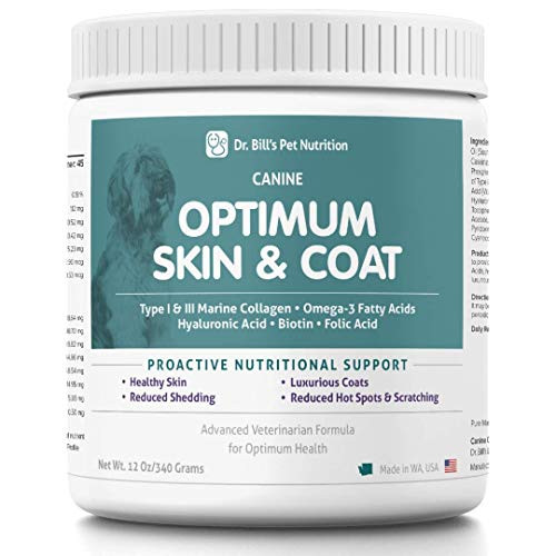Dr Bills Canine Optimum Skin  Coat 340g  Skin Supplement for Dogs with Biotin Type I  III Marine Collagen Omega3 Fatty Acids Hyaluronic Acid Biotin  Folic Acid