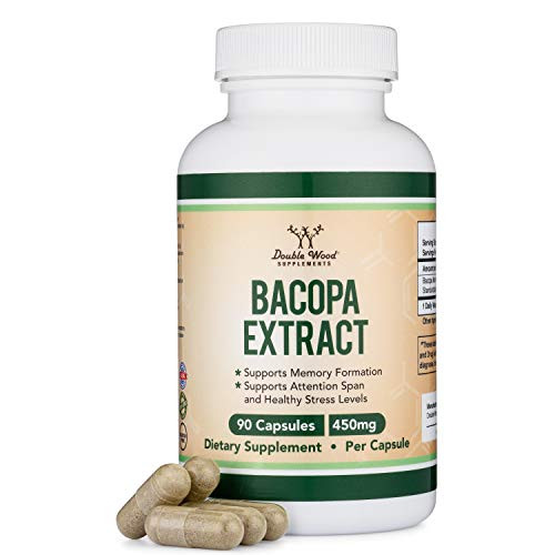 Bacopa Monnieri Capsules  450mg 90 Count Made in USA NonGMO Gluten Free Concentrated 20 Bacosides Brahmi Extract by Double Wood Supplements
