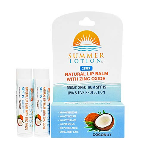Summer Lotion  Natural Lip Balm with Zinc Oxide Sunblock SPF 15 Lip Sunscreen Coconut 2Pack