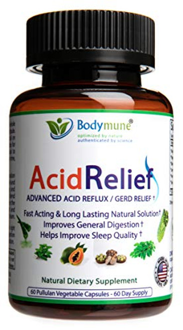 Natural Acid Relief Supplement Antacids Acid Reflux Relief Heartburn Acid Indigestion Upset Stomach GERD Relief by Bodymune  Organic 100 Vegan Non GMO Gluten Free  60 Capsules