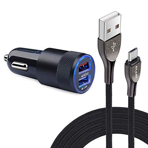 Dual USB Car Charger 3.0 + 6.6FT Braided Micro USB Cord for Samsung Galaxy J8 J7 J6 J6+ J5 J4 J4+ J3 J2 J1 Prime Pro, J7 Sky Pro, S6 S7/Edge, LG Q6/K7, Nexus 6/5, Moto G5S Plus/G5/G4/E4, Android Cable