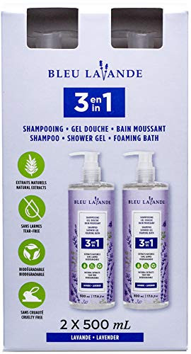 Bleu Lavande 3 IN 1 Shampoo Shower Gel and Foaming Bath Lavender Natural Wash  17 Fl Oz  500 mL x 2 Pack