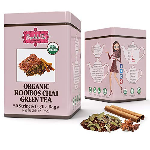 Brew La La Organic Green Tea  Rooibos Chai Flavor  50 Tea Bag Tin  Low Caffeine Tea  USDA Certified Organic  NonGMO  Gluten Free
