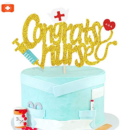 KAPOKKU Congrats Nurse Cake Topper Nurse Decorations for Party Gold Glitter RN Graduation SuppliesGolden nurse cake topper