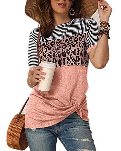 Ferrtye Womens Leopard Striped T Shirts Color Block Short Sleeve Twist Knot Tops PinkSmall Ferrtye Womens Leopard Striped T Shirts Color Block Short Sleeve Twist Knot Tops PinkSmall