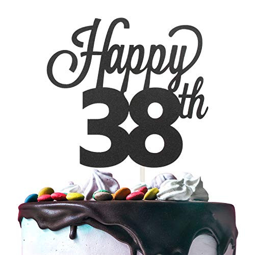 38th Happy Birthday Cake Topper Premium Double Sided Black Glitter Cardstock Paper Party Decoration - 6'' x 8'' Thirty-eighth 38 Years Old Bday Wedding Anniversary Topper.