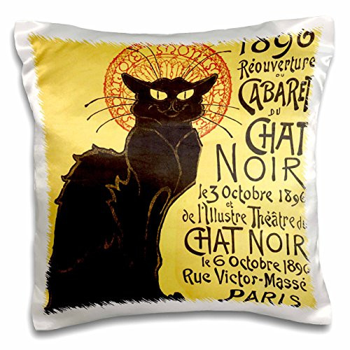 3dRose Vintage French Chat Noir Black Cat Art - Pillow Case, 16 by 16-inch (pc_99416_1)