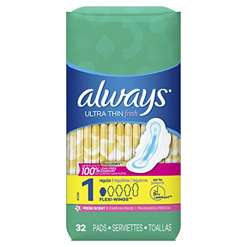 Always Ultra Thin Pads Size 1 Regular Absorbency Scented with Wings 32 Count Packaging may vary