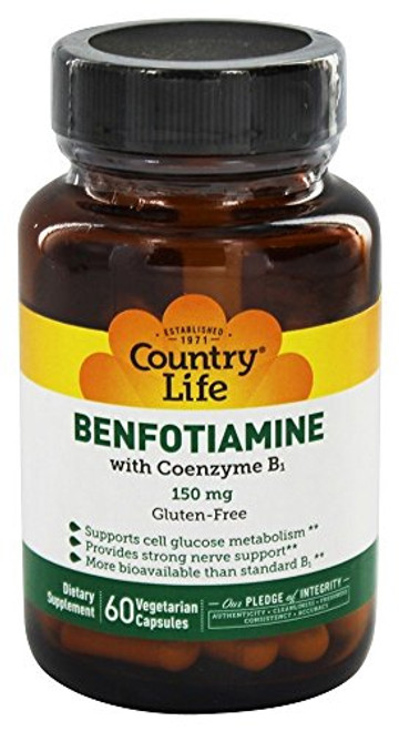 Country Life Benfotiamine 150mg with Thiamin Fat Soluble Vitamin B1 Enhanced Bioavilability Supports Glucose Metabolism Nervous System Health Vegan GlutenFree 60 Vegetarian Capsules Country Life Benfotiamine 150mg with Thiamin Fat Soluble Vitamin B1 Enhanced Bioavilability Supports Glucose Metabolism Nervous System Health Vegan GlutenFree 60 Vegetarian Capsules