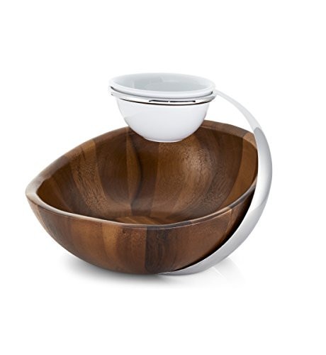 Savora Acacia Wood and Stainless Steel TwoTier ChipnDip Server Natural