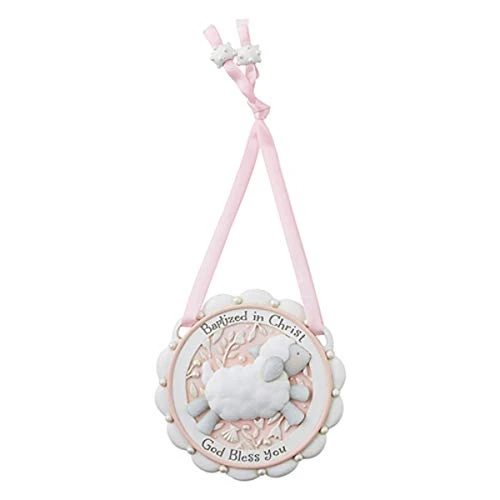 Baptized in Christ Pink Hanging Religious Crib Medal 3 12 Inch