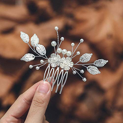 Casdre Leaf Bridal Hair Comb Silver Pearl Bride Wedding Hair Accessories Flower Hair Piece Side Comb for Women and Girls Casdre Leaf Bridal Hair Comb Silver Pearl Bride Wedding Hair Accessories Flower Hair Piece Side Comb for Women and Girls