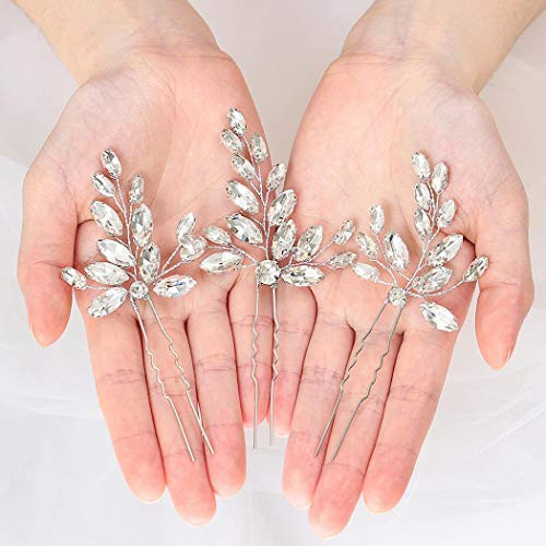 Casdre Crystal Bride Wedding Hair Accessories Silver Leaf Bridal Hair Pins Hair Piece for Women and GirlsPack of 3