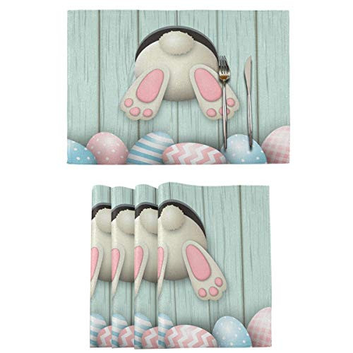 Wamika Funny Easter Bunny Placemats Set of 6 Cute Rabbit Eggs Hunt Table Mats Burlap Placemat Washable NonSlip Heat Resistant Place Mats for Party Kitchen Dining Decorations 12 X 18 Inch