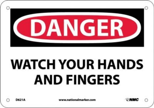 NMC D621A OSHA Sign Legend DANGER  WATCH YOUR HANDS AND FINGERS 10 Length x 7 Height Aluminum BlackRed on White