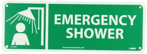 NMC GL304R Fire Sign Legend EMERGENCY SHOWER with Graphic 14 Length x 5 Height Glow Rigid Yellow on Green