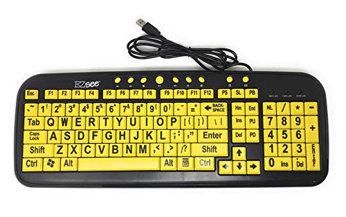 New and Improved EZSee by DC  Large Print Computer Keyboard USB Wired Yellow Keys with Black Jumbo Oversized Print Letters for Visually Impaired Individuals Low Vision or Low Light for Seniors and People with Bad Vision! Imposing Vivid Black Ov