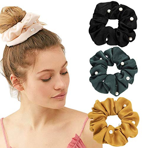 Chennie Hair Bands Elastic Pearl Hair Chiffon Scrunchies Ties Ropes Scrunchie With Pearl Accessories for Women and Girl 4pcs