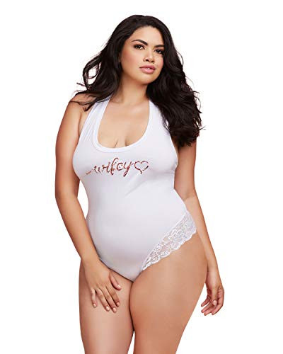 Dreamgirl Womens Plus Size Soft Spandex Jersey Wifey Bodysuit with Thong Back White 1X